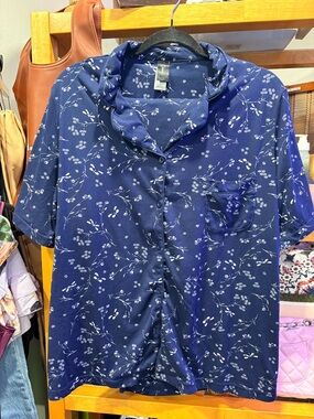 Chaps Navy Blue Short-Sleeve Floral Button-Down Pajama Set